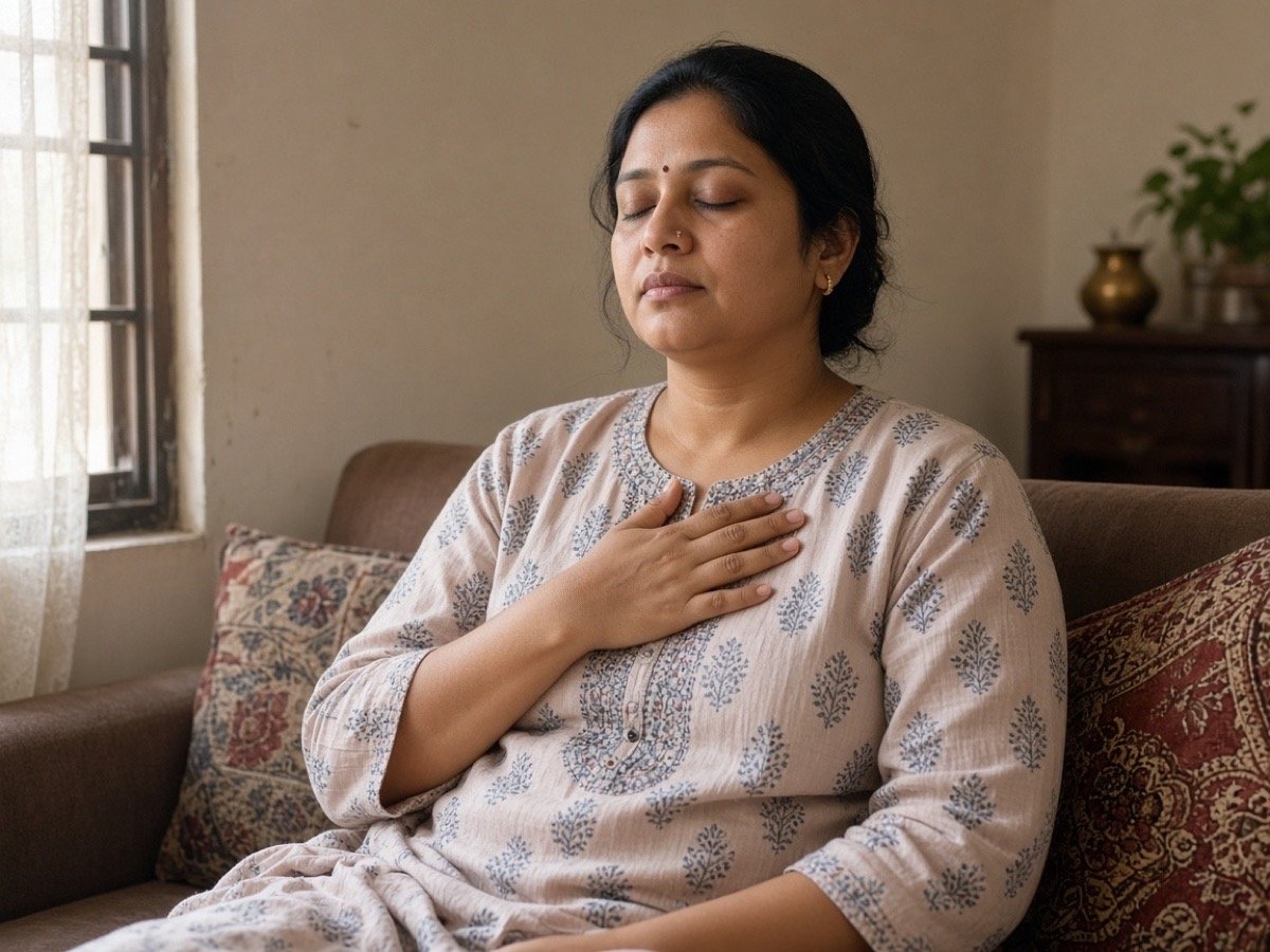 A mother sitting quietly with her hand on her heart
