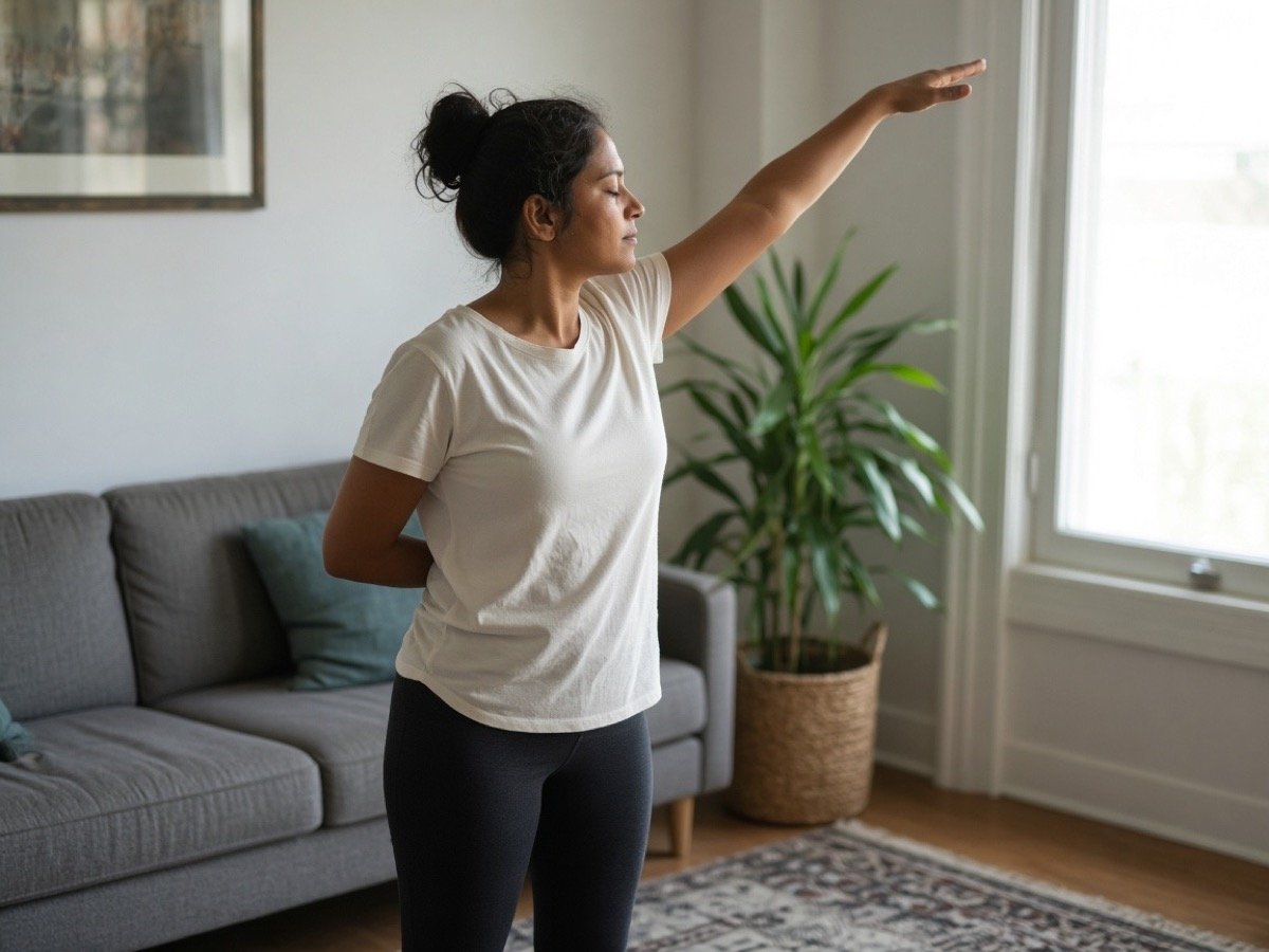 A mother stretching at home in the morning